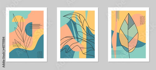 Floral wall art set. Botanical line art with abstract shapes.Vector modern illustration in a minimalistic style.
