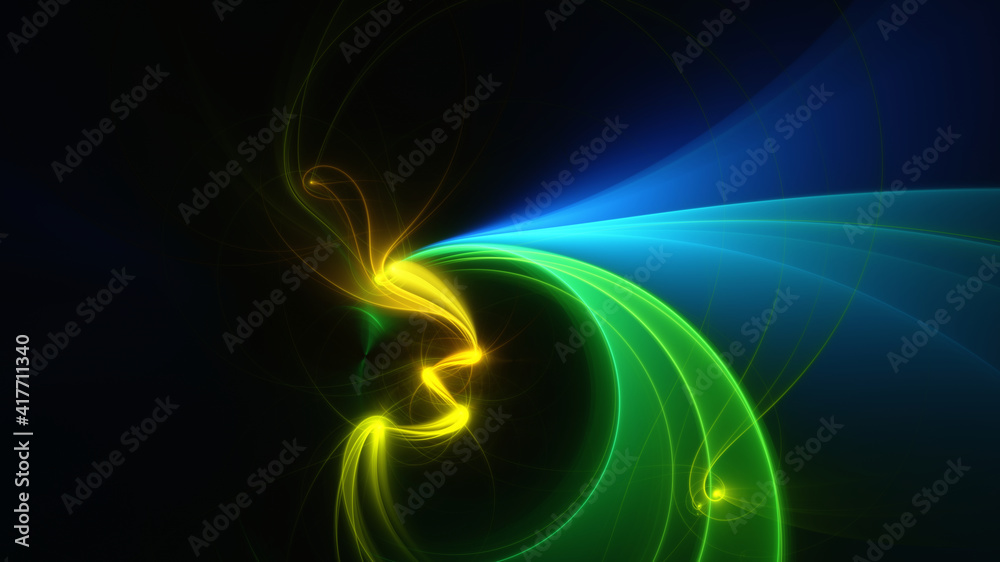 Abstract background, smooth blue and green lines on a black background.