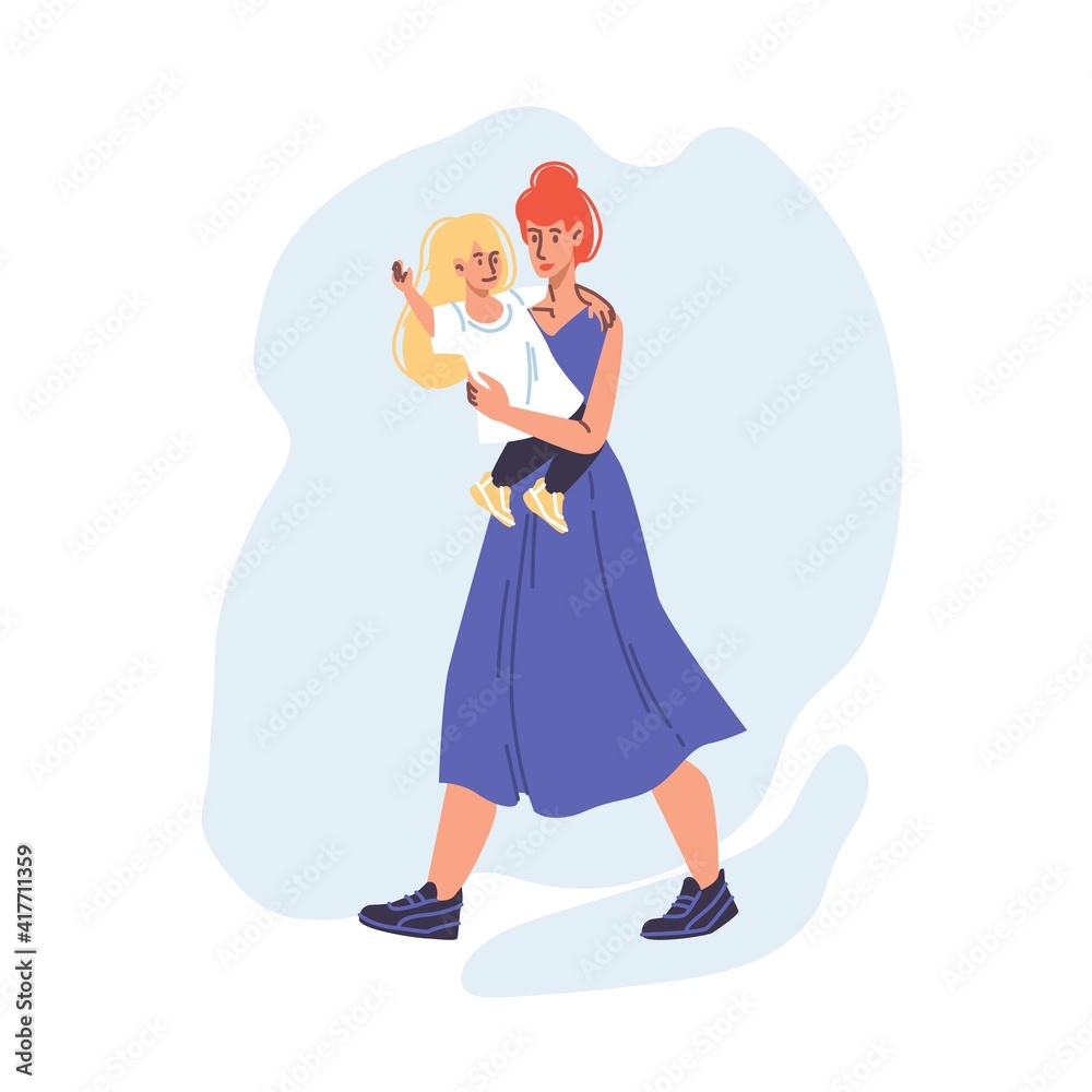 Cartoon flat happy family characters walking. Young woman mom and kid girl walks outdoors emotions, relationships, healthy family web online banner social concept Cartoon flat happy family characters walking. Young woman mom and kid girl walks outdoors emotions, relationships, healthy family web online banner social concept