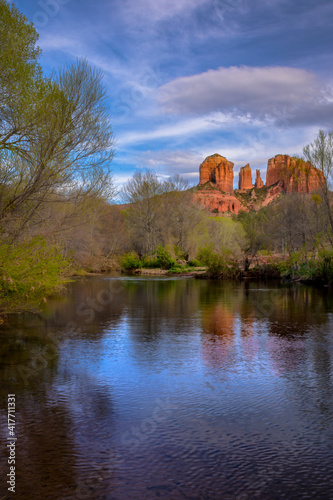 Fototapeta Naklejka Na Ścianę i Meble -  USA, Arizona, Sedona. Landscape with rock formations and pond.