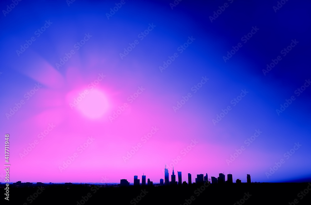 Beautiful panoramic aerial drone skyline view of the Warsaw City Centre with skyscrapers, Poland, EU - an abstract stylized acid graphic view in the rays of the setting sun