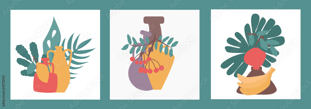 Abstract set of compositions of vases fruits and leaves on green background Abstract set of compositions of vases fruits and leaves on green background