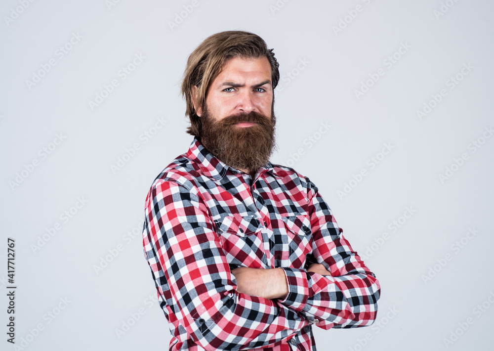 brutal bearded man wear checkered shirt having lush beard and moustache, barbershop brutal bearded man wear checkered shirt having lush beard and moustache, barbershop