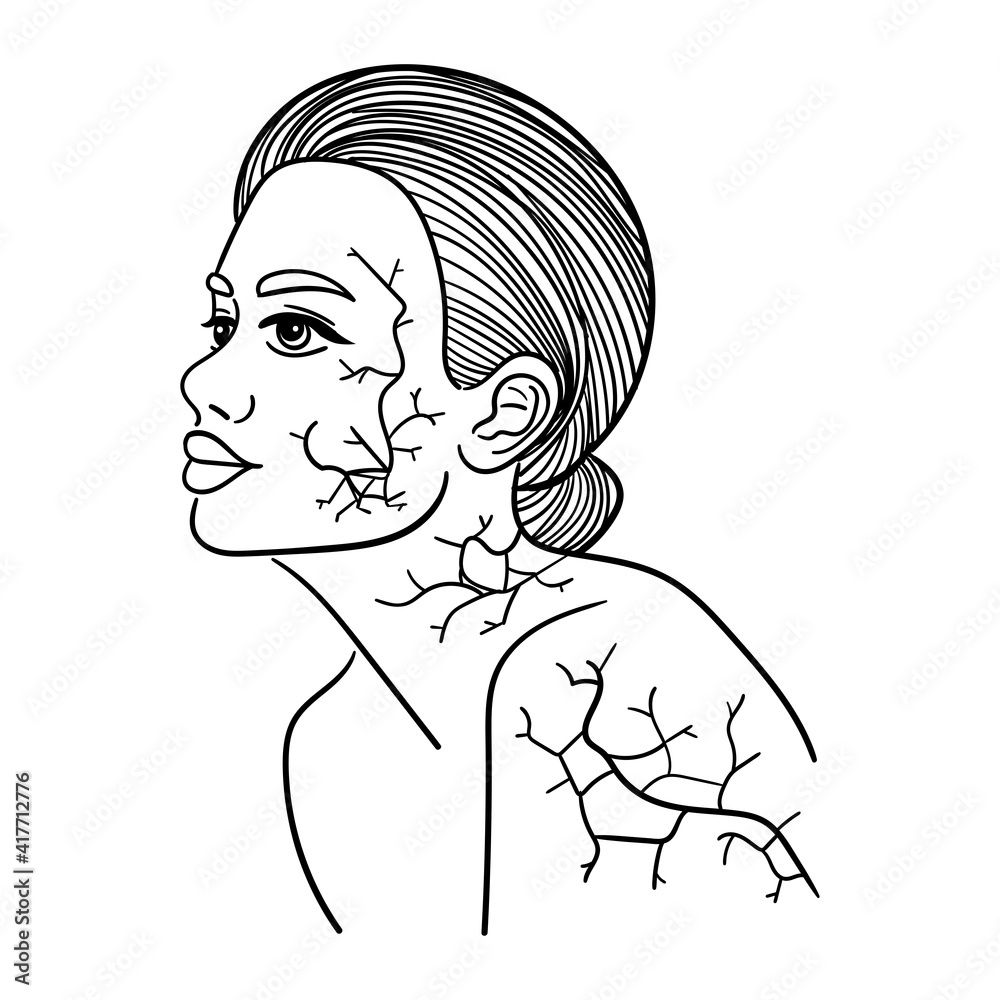 Art portrait of a girl black contour isolated on white background, with cracks, kintsugi, stock vector illustration for design and decor, print, template, banner Art portrait of a girl black contour isolated on white background, with cracks, kintsugi, stock vector illustration for design and decor, print, template, banner