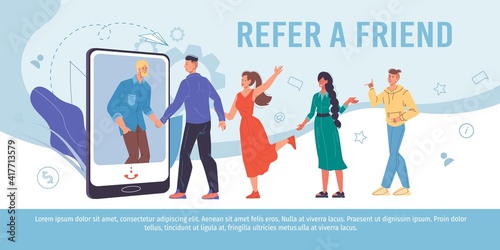 Cartoon flat characters get acquainted in refer a friend service.Happy young people shaking hands in mobile phone app-referral program,communication,friendship,web site banner ad,social media concept