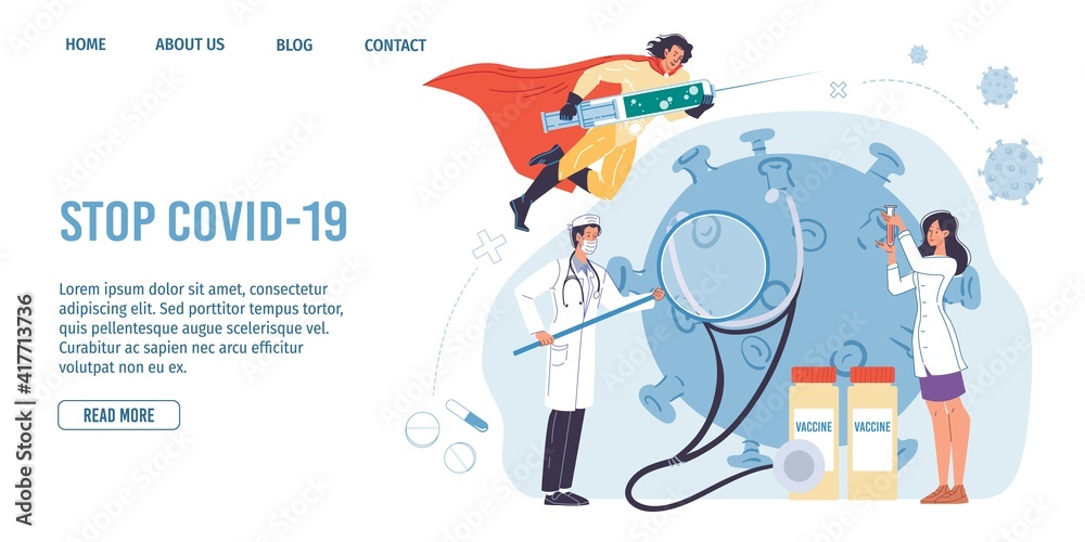 Vector cartoon flat superhero character carries coronavirus vaccine syringe,doctors examine huge covid virus-prevention,protection,pandemic viral infection vaccination,medical landing page concept