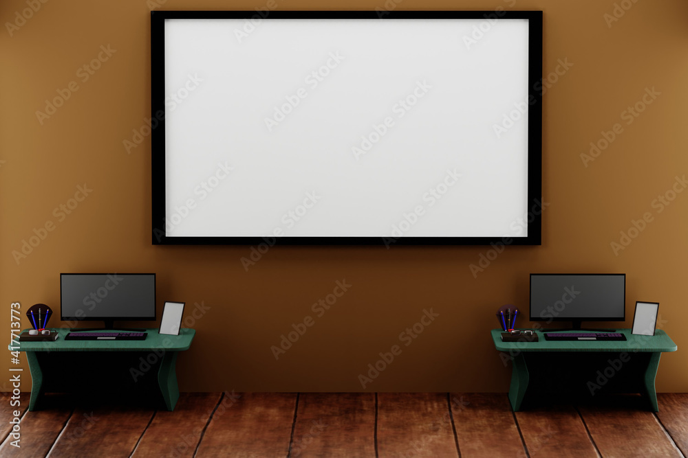3D Rendering of Office Interior with Blank Whiteboard, Computer, and Table. Perfect For Presentation of meeting, Advertisement Product, Background and Mock Up.