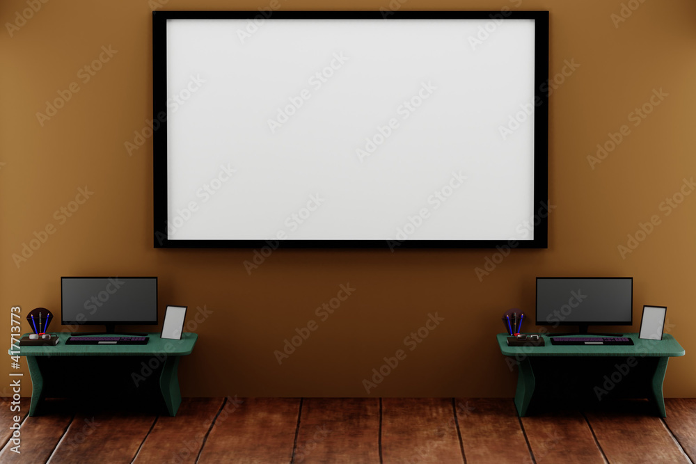 3D Rendering of Office Interior with Blank Whiteboard, Computer, and Table. Perfect For Presentation of meeting, Advertisement Product, Background and Mock Up. 3D Rendering of Office Interior with Blank Whiteboard, Computer, and Table. Perfect For Presentation of meeting, Advertisement Product, Background and Mock Up.