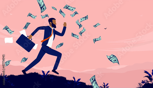 African American businessman running with briefcase and money flying in air. Efficient and ambitious man concept. Vector illustration.