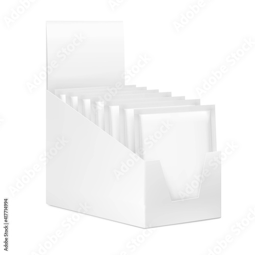 Show box with sachet packaging mockups for food, cosmetic and hygiene. Vector illustration on white background. Ready for your design. EPS10.	