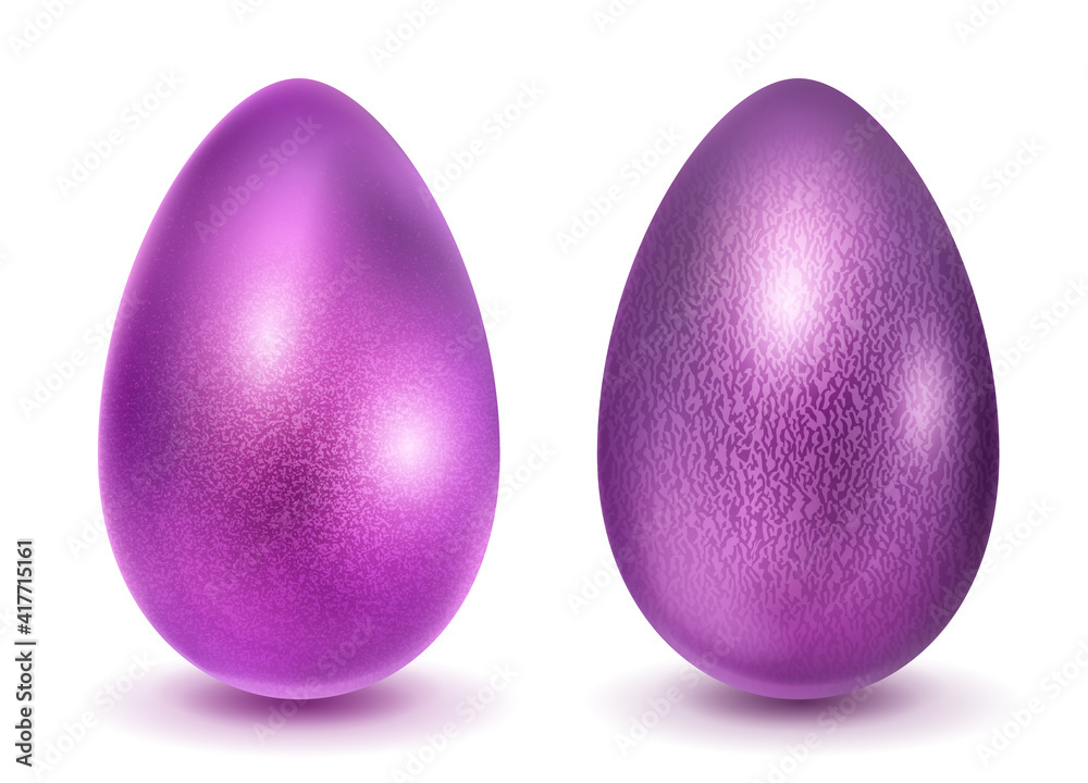 Two realistic Easter eggs with different surface texture in purple colors. With shadow on white background Two realistic Easter eggs with different surface texture in purple colors. With shadow on white background
