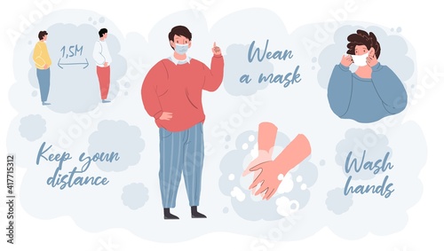 Vector cartoon flat trendy character shows coronavirus prevention covid protection measures vs pandemic viral infection - wearing mask,social distancing,personal hygiene,medical treatment concept