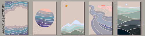 Abstract nature drawings in minimalistic oriental style. Sun, sky, mountain and water landscapes. Vector Illustration