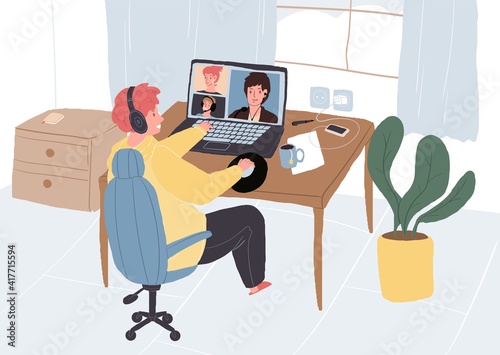 Vector cartoon flat freelancer character online talk with colleagues.Young people discuss business,distance work using video messenger-online freelance work,virus infection,quarantine concept