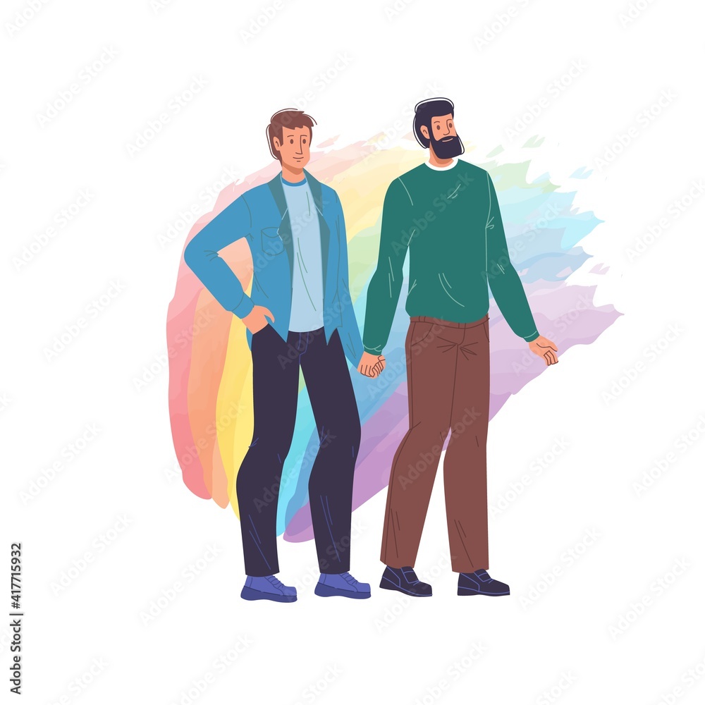 Vector cartoon flat homosexual gay characters couple.Young men people in love on rainbow background-Valentine Day postcard,greeting card design,web online ad banner decor-emotions,social concept