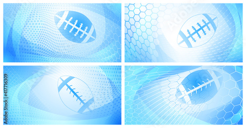 Set of four rugby backgrounds with big ball in light blue colors