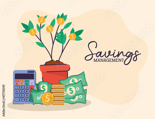 set of saving management icons and saving management lettering on a beige background