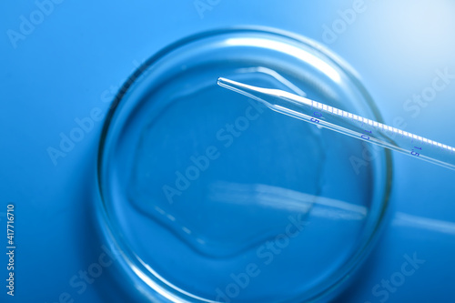 Pipette drops the sample into a test tube against a blue background. Medical abstract background. Cosmetic concept