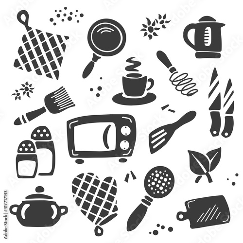 A set of kitchen items: kettle, frying pan, microwave oven, knife, cup, glove, seasoning, salt. Vector isolated black and white illustration silhouette. Hand drawn style