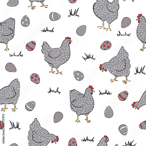Seamless chicken pattern with hens and colored eggs. Ester vector illustration.