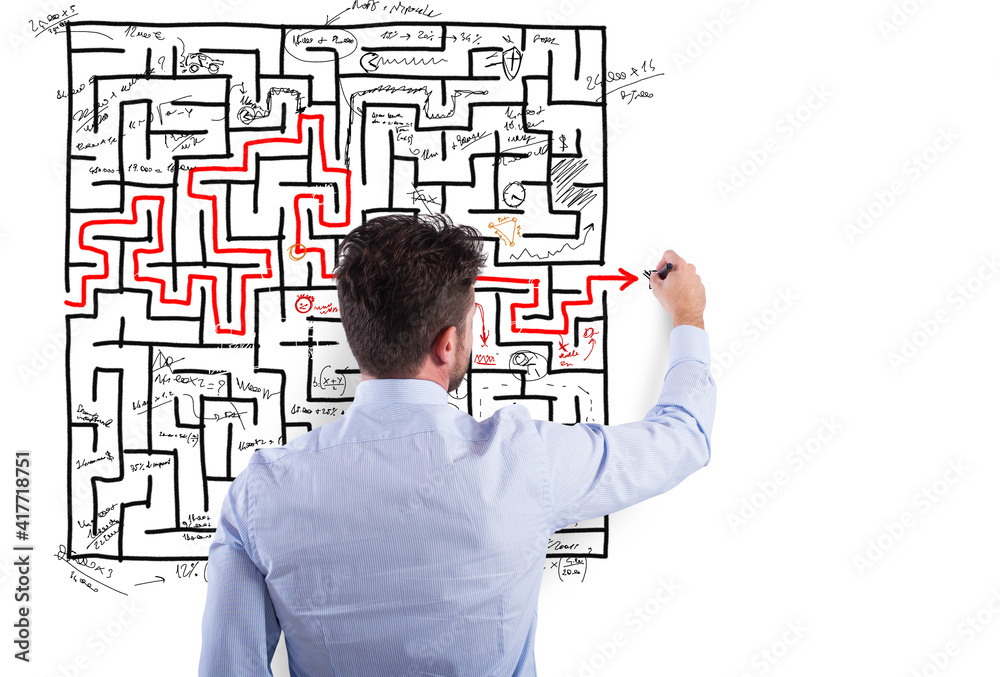 Businessman solve a complex maze with a lot of difficulties Businessman solve a complex maze with a lot of difficulties
