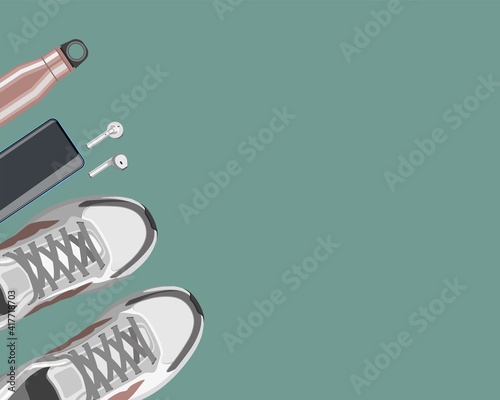 Light sneakers, smartphone, earphones and fitness bottle from top view on green background. Sports shoes and gadgets for running. vector illustration.