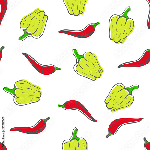 Seamless hand drawn pattern with red chili and yellow bell peppers. Vegetables vector texture.