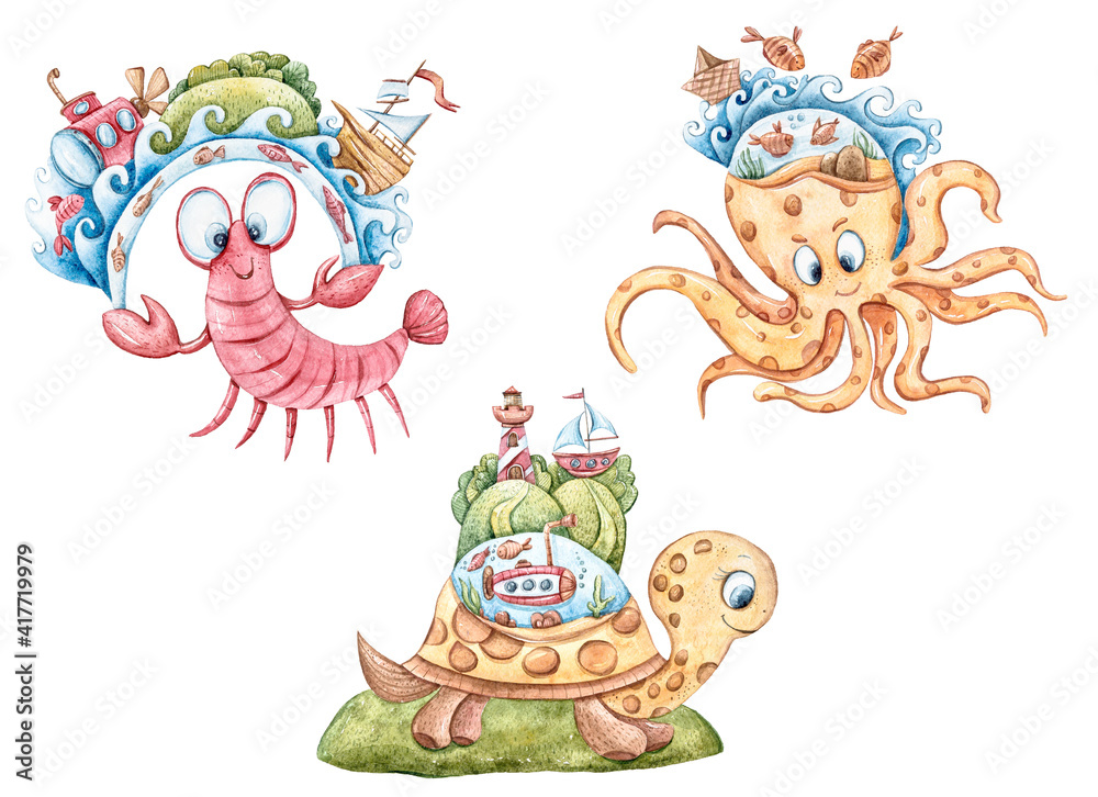 Watercolor hand painted set with cute nautical cartoon crab turtle octopus hold their worlds on white background. Hand drawn illustration for birthday, invitations, children book, bedroom walls Watercolor hand painted set with cute nautical cartoon crab turtle octopus hold their worlds on white background. Hand drawn illustration for birthday, invitations, children book, bedroom walls
