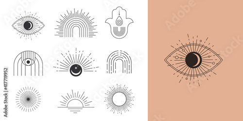 Bohemian linear logos, icons and symbols, sun design templates, geometric abstract design elements for decoration. 