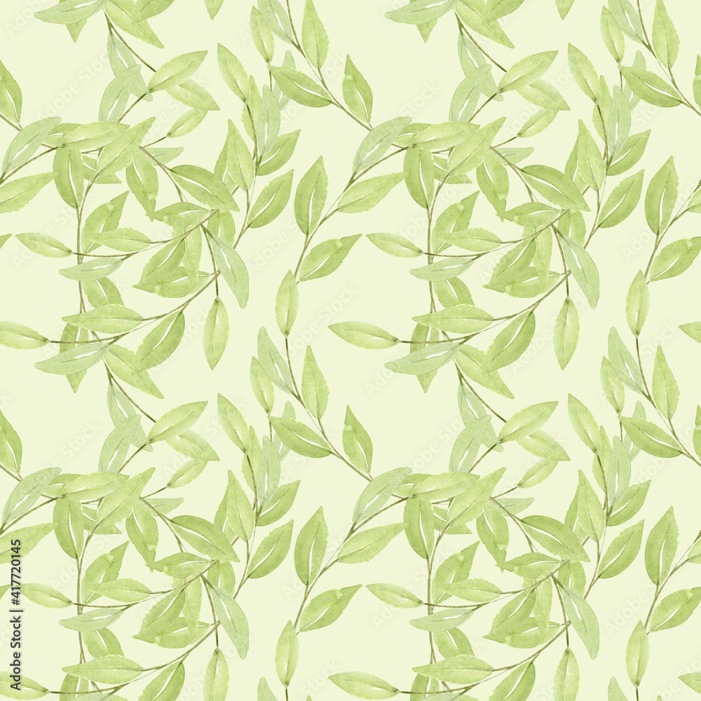 Obraz Watercolor floral leafs seamless pattern. Green background with leafs