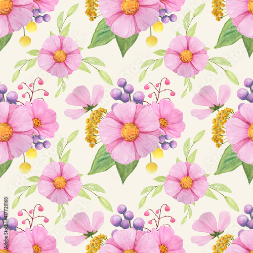 Watercolor Pink floral seamless pattern. Flowers wallpaper. Wildfloral paper