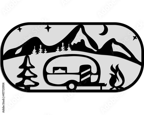 Camper silhouette. Mobile recreation. Camper, mountains, tree, bonfire, moon, stars, night. Sketch style vector illustration. Camping laser cutting design.