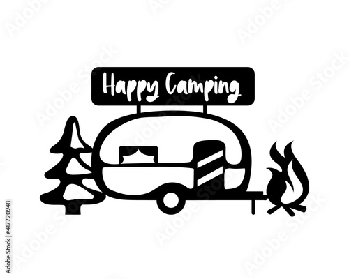 Camper silhouette. Mobile recreation. Camper sign, tree, bonfire, nature. Sketch style vector illustration. Camping laser cutting design.