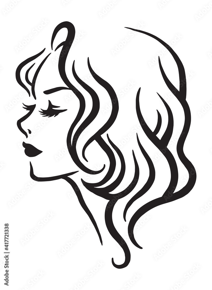 A woman's side profile abstract illustration with curly hairstyle and long  eyelashes. Freehand digital drawing of a beautiful girl. Stock Vector |  Adobe Stock