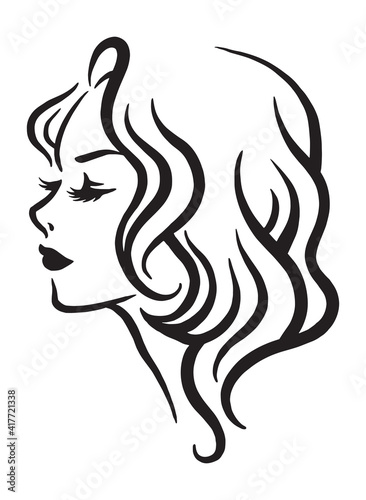 A woman's side profile abstract illustration with curly hairstyle and long eyelashes. Freehand digital drawing of a beautiful girl.