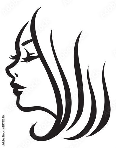 Brush line illustration of a young woman's side profile with short hair and long eyelashes. Freehand digital drawing of a beautiful lady.