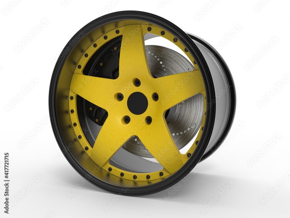 3D render of an aluminum car disc complete with a brake system 