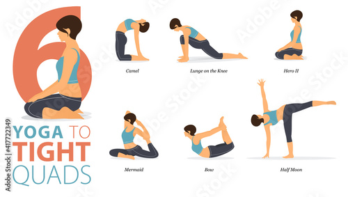 6 Yoga poses or asana posture for workout in Tight Quads concept. Women exercising for body stretching. Fitness infographic. Flat cartoon vector