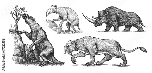 Woolly rhinoceros Cave lion. Ground sloth, Megatheriidae. Palorchestes or Marsupials of the family Palorchestidae. Vintage Extinct animal. Retro Mammals. Hand drawn engraved sketch. photo