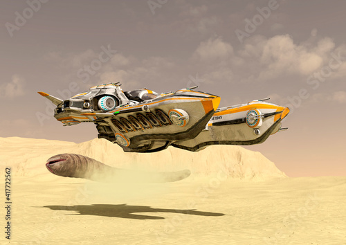 Fototapeta Naklejka Na Ścianę i Meble -  super alien spaceship is passing by on the sand of the desert planet