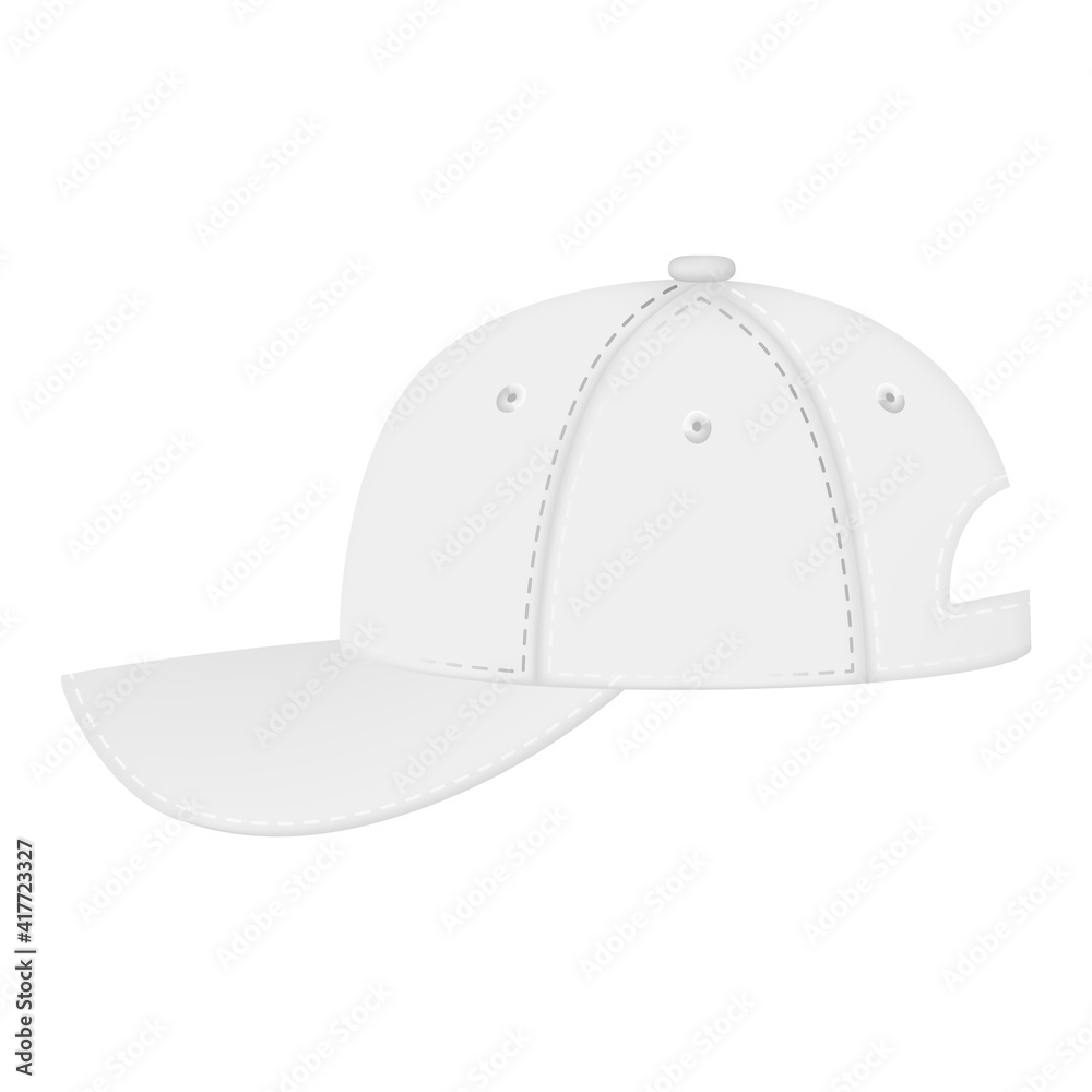 Cap or hat. Mockup and blank template of baseball uniform cap with left side view. Isolated vector illustrations set. Design template, vector eps10 illustration.