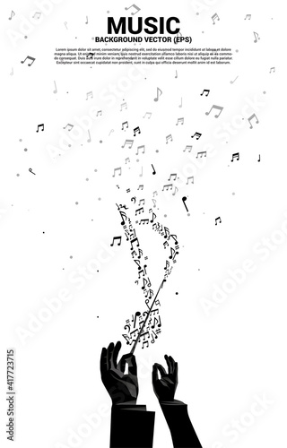 Vector silhouette of conductor hand with music melody shape key note dancing flow . Concept background for song and concert theme.