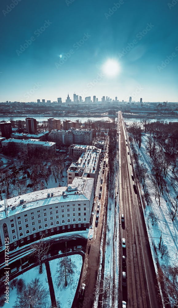 Beautiful panoramic aerial drone view of the Warsaw City Centre, Poland, EU