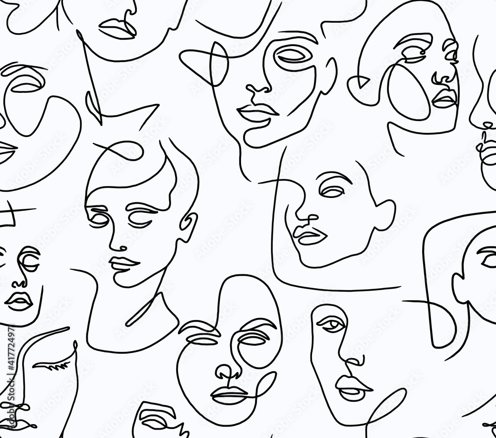 Abstract drawing of women's faces with black lines on a white background.Seamless pattern. Abstract drawing of women's faces with black lines on a white background.Seamless pattern.