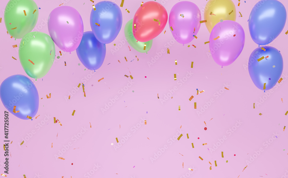 background with colorful balloons on pink wall with full color confetti falling down. copyspace
