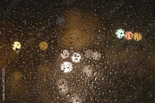 Raindrops on a window at night