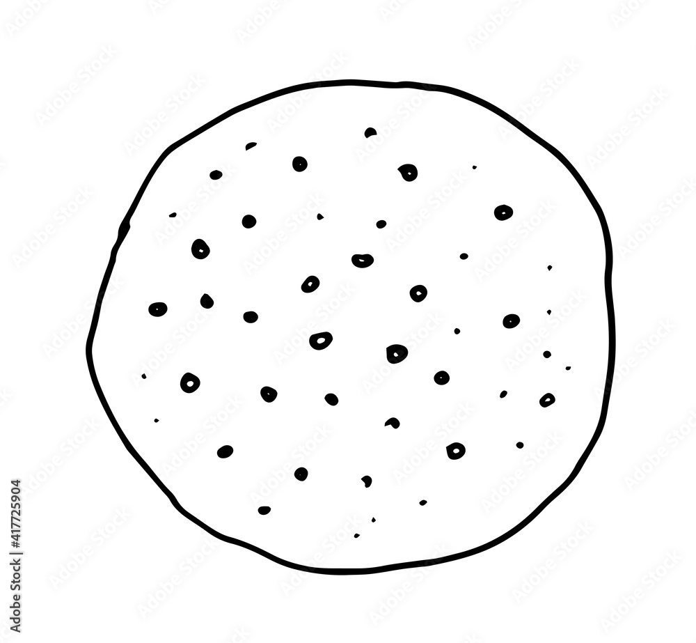Vector isolated round bread element top view is drawn by hand in the doodle style. black outline of a round tortilla with texture dots on top on a white background for a bakery design template Vector isolated round bread element top view is drawn by hand in the doodle style. black outline of a round tortilla with texture dots on top on a white background for a bakery design template