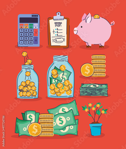 set of saving management icons on a red background