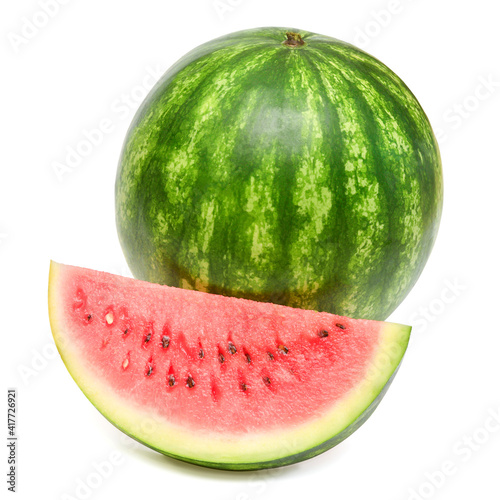 Whole watermelon and slice isolated on a white background