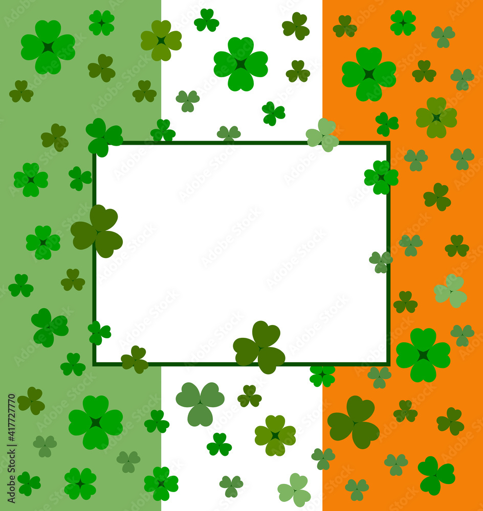 St patrick's day clover leaves frame on Irish flag background template St patrick's day clover leaves frame on Irish flag background template